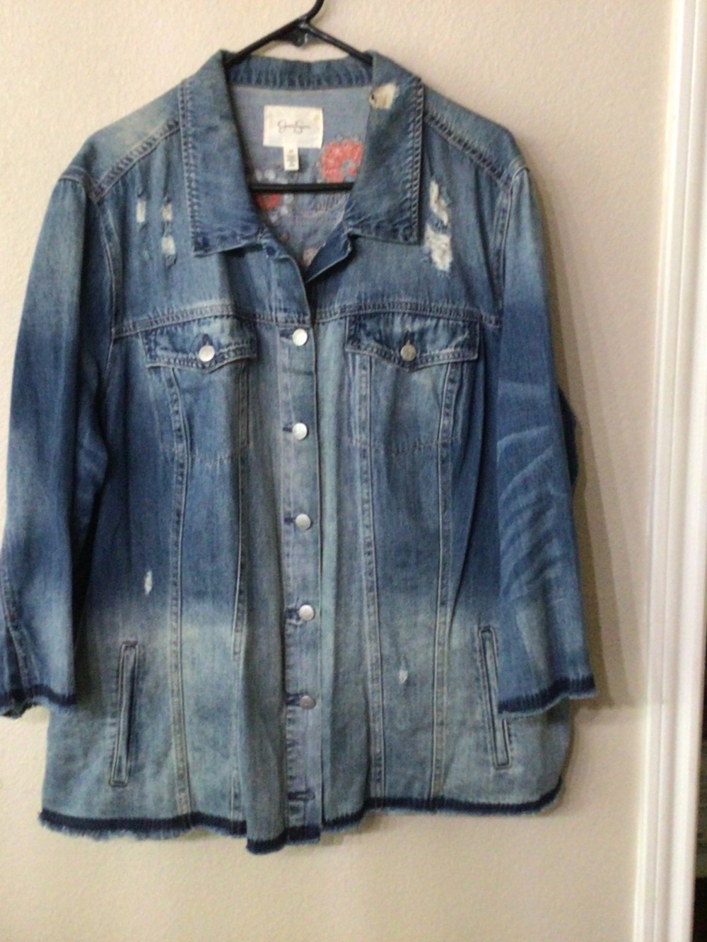 Jessica Simpson factory, frayed and distressed jean shirt jacket. Size 2X